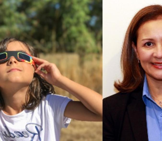 Image of young girl using solar eclipse glasses next to portrait of Dr. Sandra Montezuma